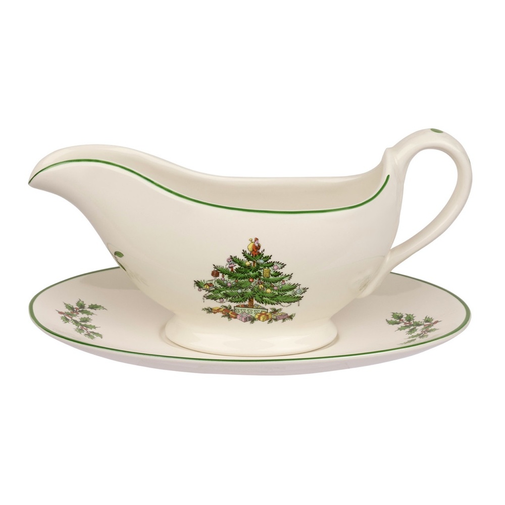 Spode Christmas Tree Sauce Boat and Stand Gravy Boat
